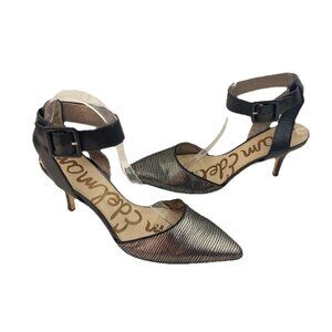 *Sam Edelman Okala Ankle Strap Heel Womens Size 8.5 Black Leather Gold Textured